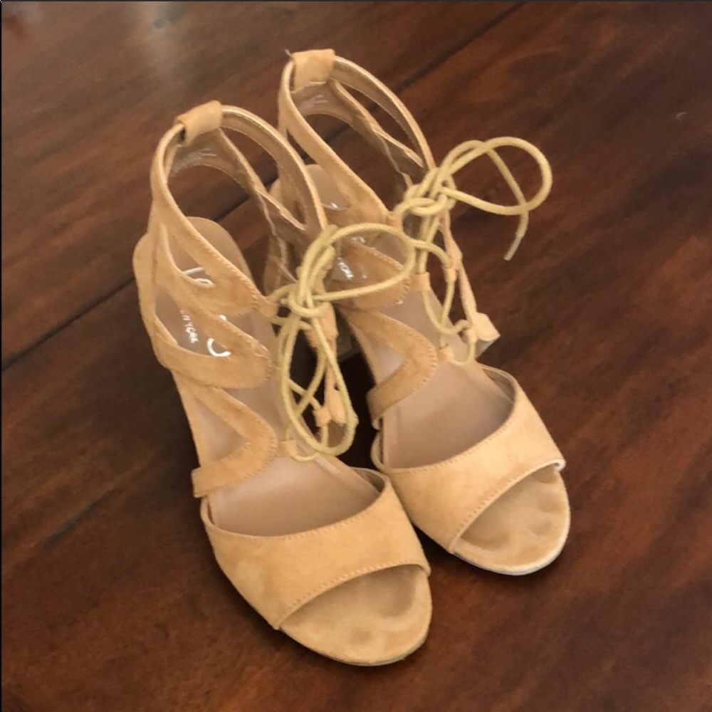 Nude strappy faux suede heels